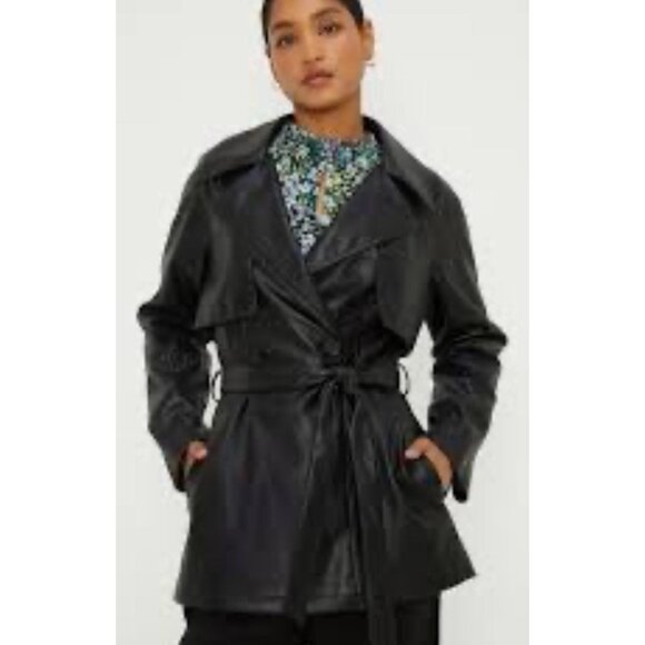 Zara Black Faux Leather Short Trench Water Repellent Jacket Women’s Size Small - Picture 1 of 13